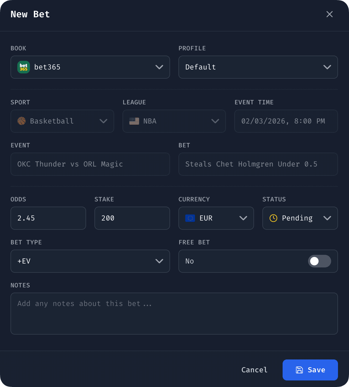 Formulário de aposta do Bet Hero com os campos casa, perfil, esporte, liga, evento, aposta, odds, stake, moeda, status e tipo de aposta