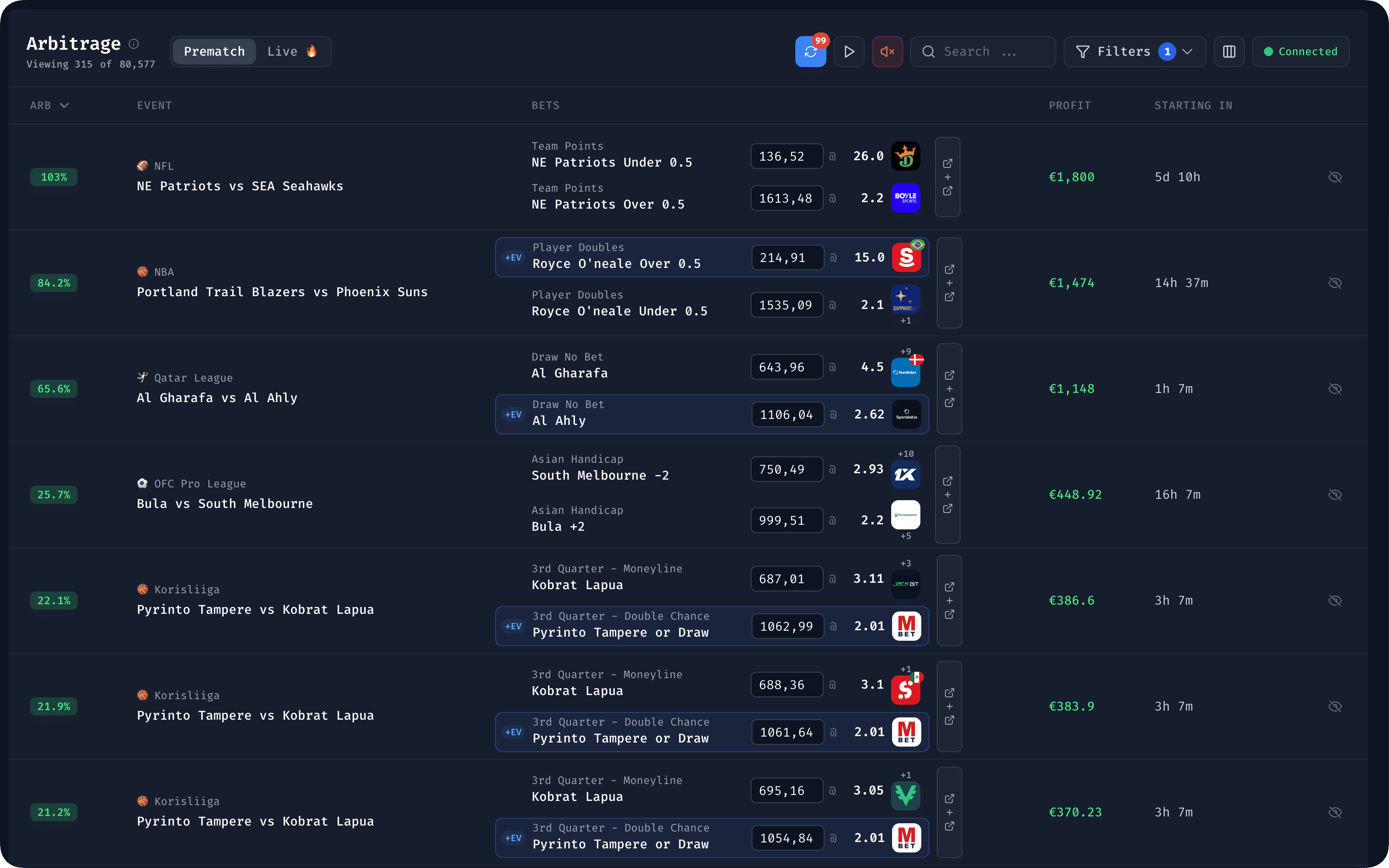 Bet Hero arbitrage finder showing surebet opportunities