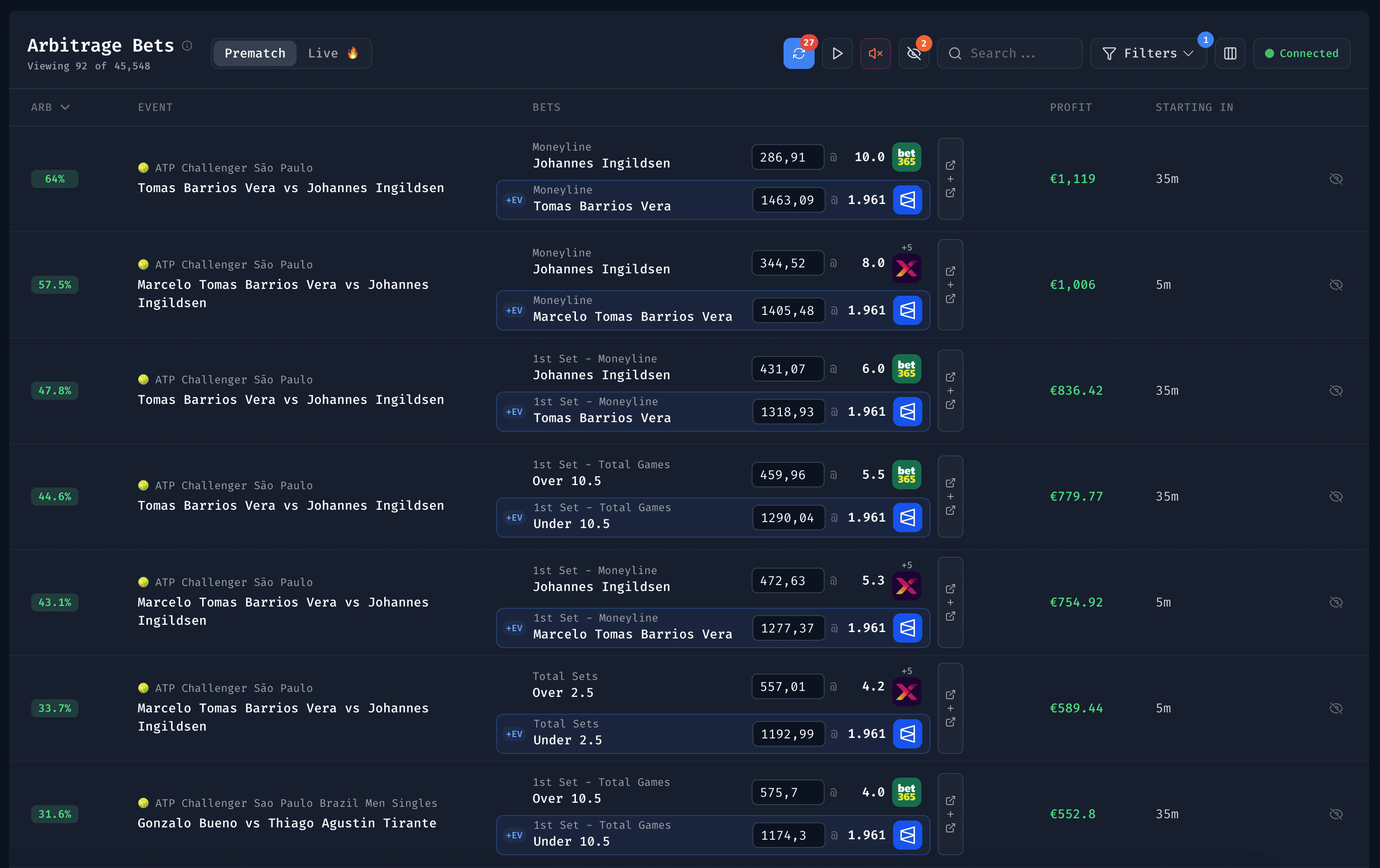 Bet Hero arbitrage scanner showing live surebets across sportsbooks