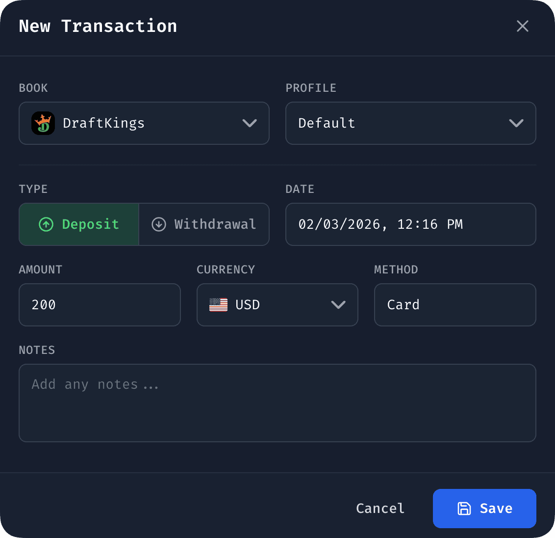 Adding a transaction in Bet Hero